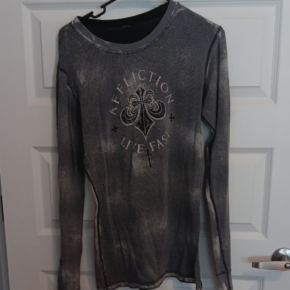 Affliction Live Fast Distressed Gray Long Sleeve Crewneck